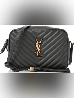 Saint Laurent Black Chevron Quilted Leather Crossbody with Gold YSL Emblem
